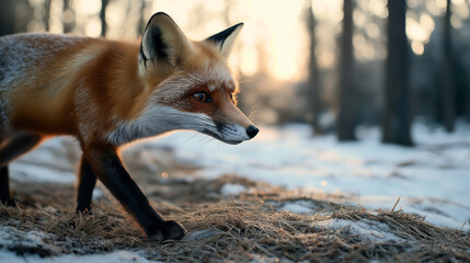 Wall Mural - close-up of a red fox walking on snow-covered ground in a forest during sunset, showing its fur and 