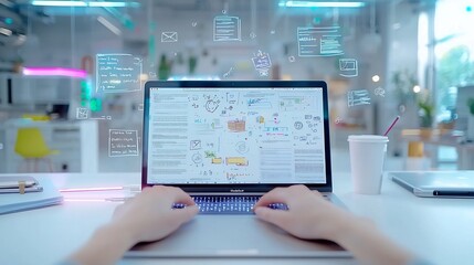 Poster - Hands Immersed in the Dynamic Composition of Typing on a Laptop Surrounded by Academic Texts and Papers Showcasing a Futuristic Digital Aesthetics and a Sleek Modern Workspace