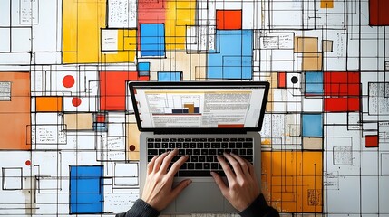 Poster - Focused view of hands typing intently on a laptop surrounded by academic materials and resources representing a scholarly mind at work with a cubist fragmentation bold colors