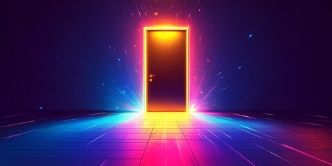 Poster - This stunning digital illustration features a glowing door surrounded by vibrant rainbow colors and shimmering light effects, creating an intriguing atmosphere that captivates and sparks imagination