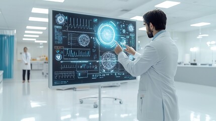 Aufkleber - Doctor using a sleek minimalist holographic interface to analyze advanced medical data and diagnostic tools in a clean clinical setting with futuristic cinematic lighting