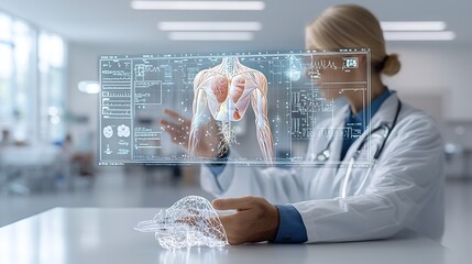 Poster - Futuristic doctor consulting a detailed holographic 3D model of a patient s anatomy using intuitive gesture based controls in a high tech minimalist hospital setting with muted color tones