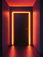 Poster - This artwork features an intriguing doorway, beautifully framed by bold neon lights that collectively create a captivating and distinctly modern atmosphere, inviting viewers into a unique experience