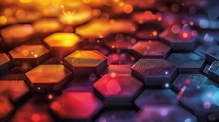 Poster - Close-up of colorful hexagonal pattern with vibrant lights creating an abstract background effect during nighttime