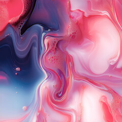 Poster - Abstract composition in soft shades of pink, red and blue, where flowing lines create layered, undulating shapes that intertwine. Bubbles and smooth transitions between shades give the composition dep