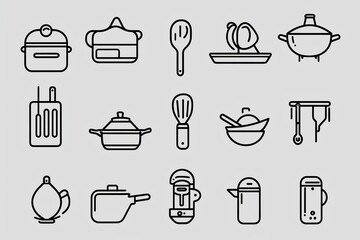 Illustrative icons of kitchen utensils, simple line art style for culinary-themed designs