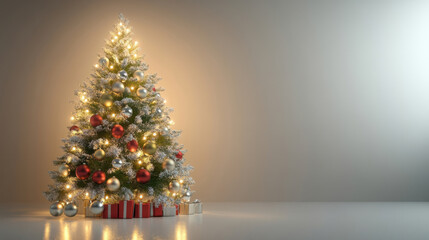 Sticker - A beautifully decorated Christmas tree with gold, silver and red ornaments and soft, warm glowing lights.