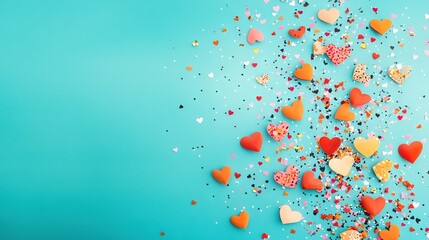 Wall Mural -   A heart-shaped confetti design on a blue background with sprinkles