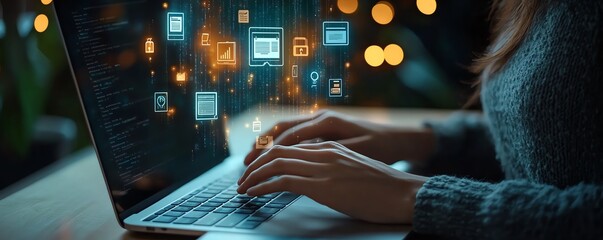 Aufkleber - Business person using a laptop with hands typing, digital icons for data security and document management floating above, cuttingedge generative AI interface