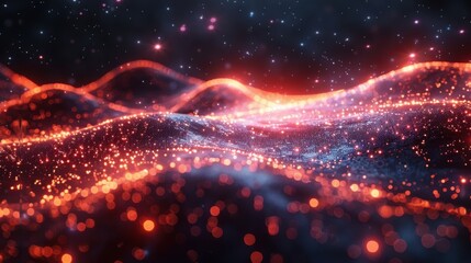 Poster - Colorful waves of light with sparkling particles create a mesmerizing abstract landscape at night