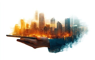 Fototapete - Businessman s hand holding a tablet, office buildings and structures blended within, double exposure effect on a white background, generative AI urban scene