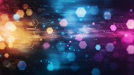Poster - Beautiful abstract tech background on the theme of modern technology development. Bright neon colors and neural lines in space