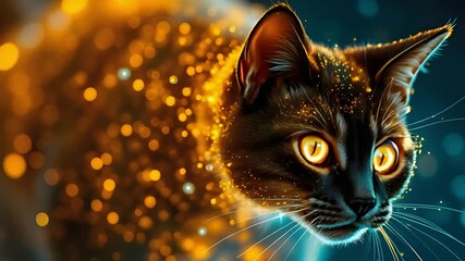 Poster - A Vibrant Cat Dissolving into Glowing Particles: An Artistic Representation of Transformation and Whimsy