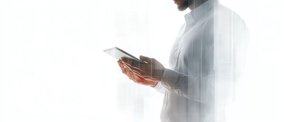 Fototapete - Double exposure of businessman s hand holding a tablet, office buildings seamlessly integrated within, white background, futuristic AI business concept