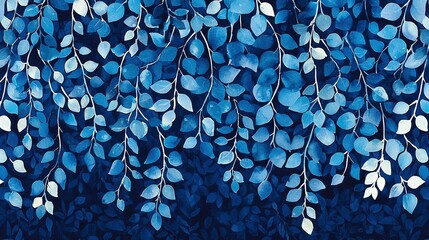 Wall Mural -   A dark blue background with white leaves and a white line on top of a blue and white painting