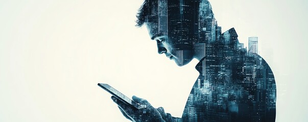 Fototapete - Double exposure of businessman s hand holding a tablet, office buildings seamlessly integrated within, white background, futuristic AI business concept