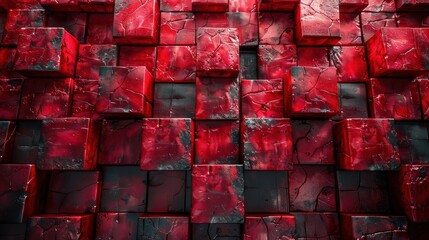 Poster - Textured red and black cubes arranged in an abstract pattern showcasing their glossy finish under soft lighting