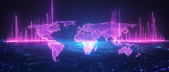 Aufkleber - Futuristic global business network, interconnected people and generative AI icons on world map, neon blue and purple palette, digital age theme, dynamic 3D visual
