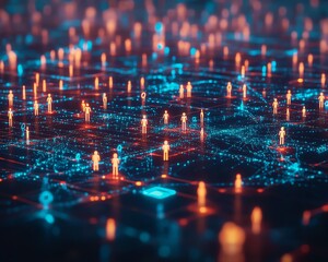 Poster - Global digital network with interconnected people and AI icons, generative AI visual style, immersive world map, vibrant tones, sleek and modern design