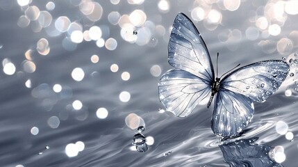 Wall Mural -   A close-up of a butterfly flying over a body of water with droplets on its surface