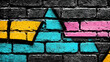 © Putu - Vibrant geometric graffiti art on a dark brick wall, featuring teal, pink, and yellow accents.  A striking urban texture.