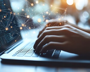 Poster - Hands typing on a laptop, floating digital icons representing online document management and data protection, modern generative AI business technology