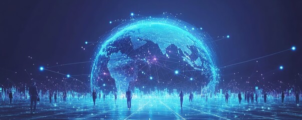 Aufkleber - Hightech global network representation, people connected by digital pathways, futuristic AIinspired icons around the globe, vibrant blue and white color scheme, sleek design