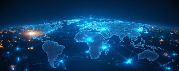 Aufkleber - Hightech global network representation, people connected by digital pathways, futuristic AIinspired icons around the globe, vibrant blue and white color scheme, sleek design
