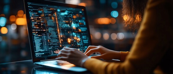 Poster - Laptop interface for managing digital documents, with icons of text, images, and data points, user interacting with the interface, generative AI design