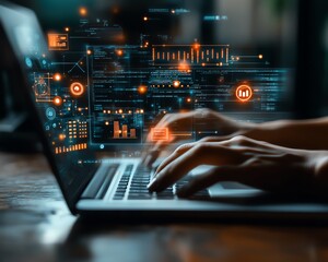 Poster - Person accessing an online document management platform on their laptop, digital documents and icons floating on the screen, innovative generative AI technology
