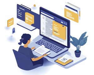 Poster - Person accessing an online document management platform on their laptop, digital documents and icons floating on the screen, innovative generative AI technology