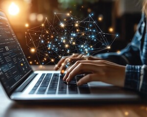 Leinwandbilder - Person accessing an online document management platform on their laptop, digital documents and icons floating on the screen, innovative generative AI technology