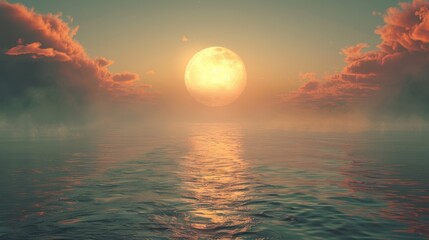 Poster - Sunset over tranquil ocean waters with colorful clouds reflecting gold and orange hues in the evening sky