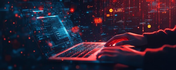 Leinwandbilder - Person s hands typing on a laptop with floating digital icons, representing secure document management and data protection, sleek generative AI design
