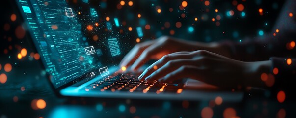 Leinwandbilder - Person s hands typing on a laptop with floating digital icons, representing secure document management and data protection, sleek generative AI design