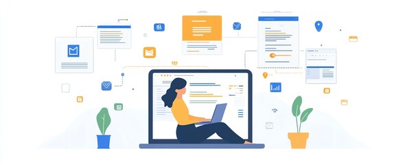 Fototapete - Person using a laptop to access an online document management system, with digital documents and floating icons around them, generative AI theme