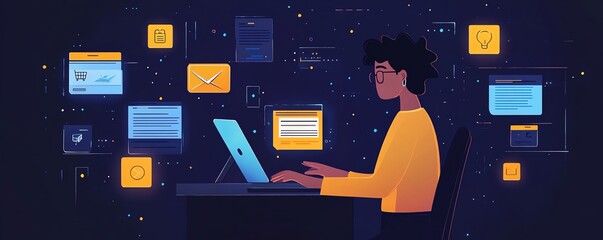 Fototapete - Person using a laptop to access an online document management system, with digital documents and floating icons around them, generative AI theme