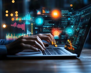 Poster - Person working on a laptop to create digital documents, various icons for text, images, and data points appearing above, generative AIdriven document management