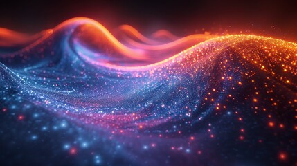 Poster - Colorful abstract waves with glowing particles create a vibrant display of light and energy in a digital landscape