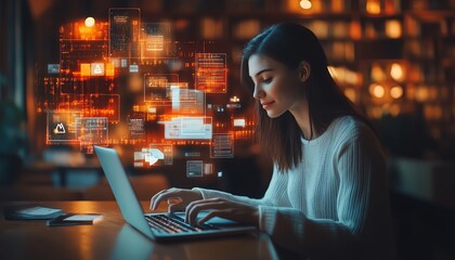 Leinwandbilder - User accessing online document management system on a laptop, digital documents and icons floating around, sleek and futuristic generative AI interface