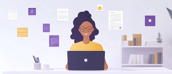 Fototapete - User managing digital documents via an online system on their laptop, icons for text, images, and data points floating around, generative AIinspired workspace