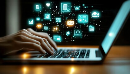 Leinwandbilder - Business person typing on a laptop with digital icons floating above, symbolizing online document management and data protection, generative AI concept