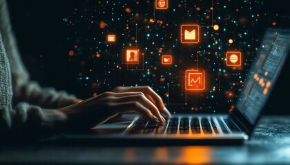 Leinwandbilder - Business person typing on a laptop with digital icons floating above, symbolizing online document management and data protection, generative AI concept