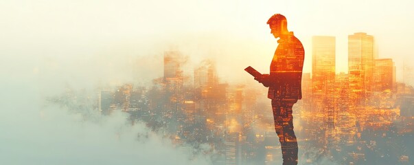 Aufkleber - Businessman holding a tablet, digital cityscape double exposure on a white background, symbolizing business innovation and urban life, generative AI design