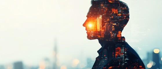 Aufkleber - Businessman with a tablet and digital cityscape double exposure on a white background, concept of business, technology, and urban living, generative AI style