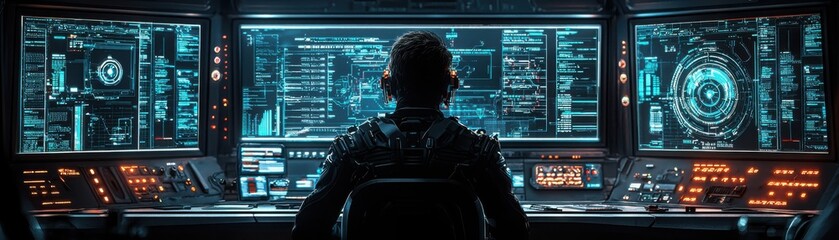 Poster - Cyberpunk control room floating holographic windows and data visualization futuristic environment technical perspective high-tech concept