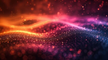 Poster - Colorful abstract pattern of glowing particles creating waves in a smooth, flowing design during a dark night