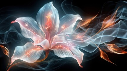 Poster - A delicate flower with flowing petals and glowing accents, surrounded by wisps of colored smoke in a dark background