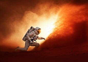 Wall Mural - astronaut crawling on the surface of mars during a massive sand storm