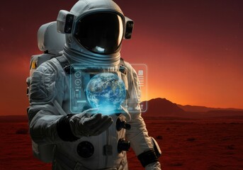 Wall Mural - astronaut exploring mars holding a holographic projection of planet earth